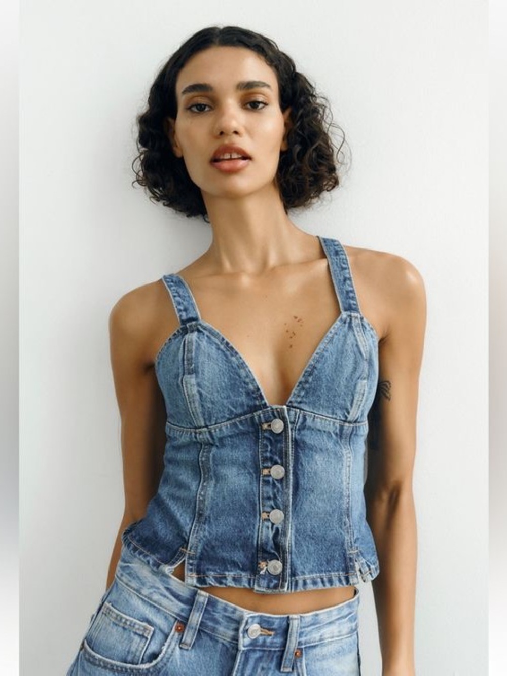 Zara Denim Button Up Corset Blue Jean Tank Top Cropped Shirt Size XS